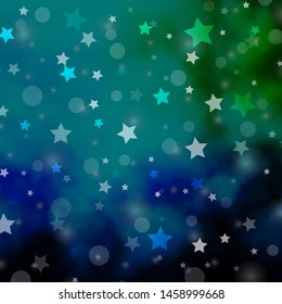 Light Blue, Green vector background with circles, stars. Illustration with set of colorful abstract spheres, stars. Template for business cards, websites.
