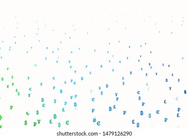 Light Blue, Green vector background with signs of currency. Blurred design in simple style with symbols of currency. Template for ads of currency markets, bank loans.