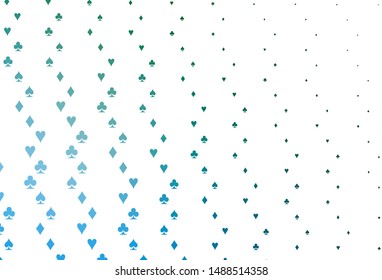 Light Blue, Green vector background with cards signs. Colored illustration with hearts, spades, clubs, diamonds. Pattern for ads of parties, events in Vegas.