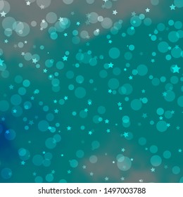 Light Blue, Green vector background with circles, stars. Illustration with set of colorful abstract spheres, stars. Pattern for trendy fabric, wallpapers.