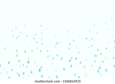Light Blue, Green vector background with signs of currency. Colored symbols of currency on white background. Pattern for financial, investment websites.