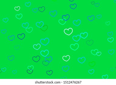 Light Blue, Green vector background with hearts. Hearts on blurred abstract background with colorful gradient. Design for your business advert of anniversary.