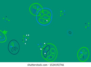 Light Blue, Green vector background with tasty food. Illustration with set of fresh food in doodle style. Pattern for menu of cafes, bars, restaurants.