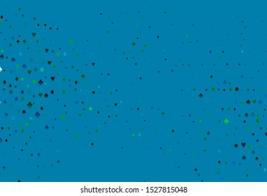 Light Blue, Green vector background with cards signs. Glitter abstract sketch with isolated symbols of playing cards. Template for business cards of casinos.