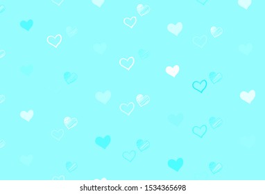 Light Blue, Green vector background with hearts. Blurred decorative design in doodle style with hearts. Pattern for carnival, festival romantic leaflets.