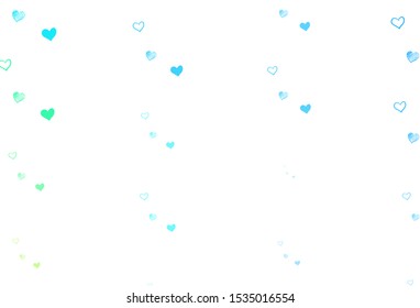 Light Blue, Green vector background with hearts. Glitter abstract illustration with colorful hearts in romantic style. Pattern for carnival, festival romantic leaflets.