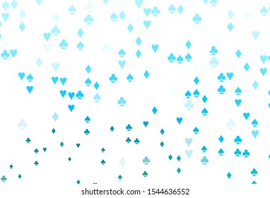 Light Blue, Green vector background with cards signs. Illustration with set of hearts, spades, clubs, diamonds. Design for ad, poster, banner of gambling websites.