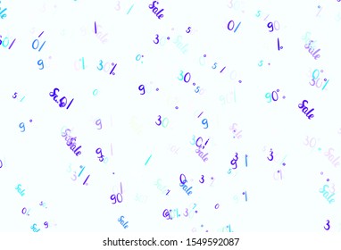 Light Blue, Green vector background with symbols of 30, 50, 90 % sales. Illustration with signs of sales on abstract template. Template for season sales, shopping ads.
