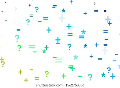 Light Blue, Green vector background with math elements. Colored mathematic signs with gradient on white background. Template for landing page of typography.