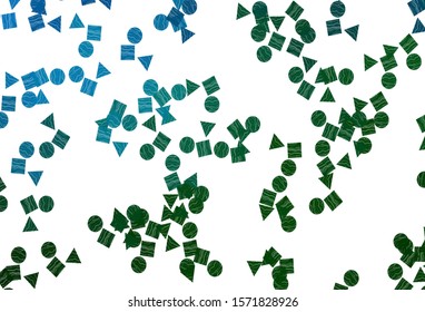 Light Blue, Green vector background with triangles, circles, cubes. Decorative design in abstract style with lines, dots, cubes. Template for wallpapers.