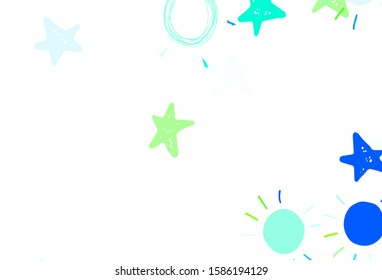 Light Blue, Green vector background with colorful stars, suns. Blurred decorative design in simple style with stars, suns. Smart design for your business advert.