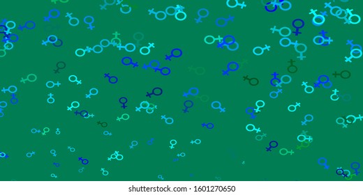 Light Blue, Green vector background with woman symbols. Colorful feminism symbols with a gradient in modern style. New side for your design.