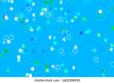 Light Blue, Green vector background with colorful stars, suns. Glitter abstract illustration with colored stars, suns. Best design for your ad, poster, banner.
