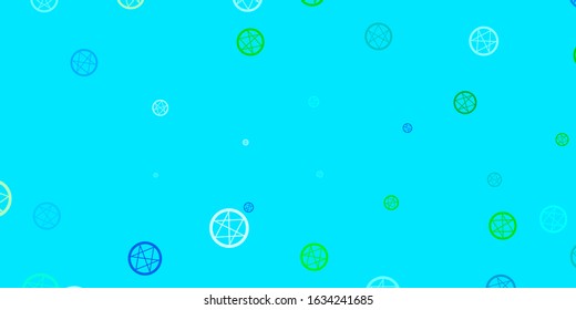 Light Blue, Green vector background with occult symbols. Colorful mystic symbols with a gradient in ancient style. Background for esoteric, mystic designs.