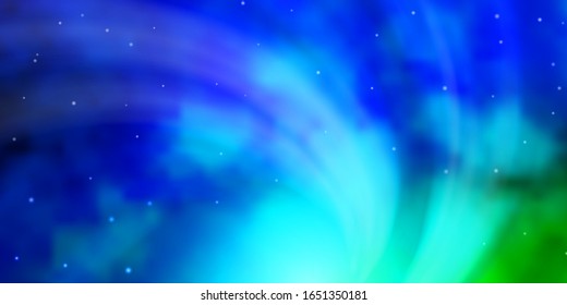 Azul claro, fondo vectorial verde con estrellas pequeñas y grandes. Dibujo abstracto geométrico moderno con estrellas. Patrón para envolver regalos.