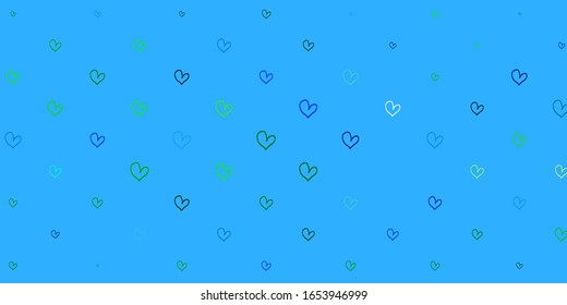 Azul claro, fondo vectorial verde con corazones brillantes. Diseño decorativo borroso en estilo doodle con corazones. Patrón de carnaval, volantes románticos del festival.