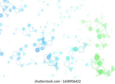Azul claro, fondo vectorial verde con triángulos, círculos, cubos. Decoración de estilo abstracto con líneas, puntos, cubos. Plantilla moderna para la página de inicio.