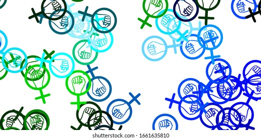 Light Blue, Green vector background with woman symbols. Illustration with signs of women's strength and power. Background for International Women’s Day.