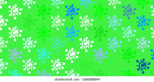 Light Blue, Green vector background with covid-19 symbols. Smart illustration with covid signs in decorative style. Design for biohazard warning.