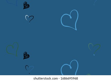 Light Blue, Green vector background with Shining hearts. Shining illustration with hearts on abstract template. Template for Valentine's greeting postcards.