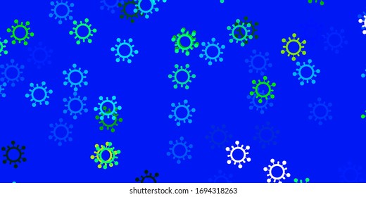 Light blue, green vector background with covid-19 symbols. Abstract illustration with biological gradient shapes. Simple drawing against danger fever.