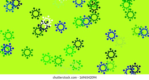 Light blue, green vector background with covid-19 symbols. Smart illustration with covid signs in decorative style. Wallpaper for health protection.