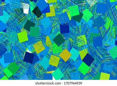 Azul claro, fondo vectorial verde con triángulos, círculos, cubos. Ilustración con un conjunto de círculos coloridos, triángulos, cuadrados. Plantilla para fondos de pantalla.