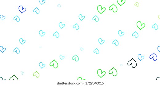 Light Blue, Green vector background with hearts. Decorative shining illustration with hearts on abstract template. Pattern for carnival, festival romantic leaflets.