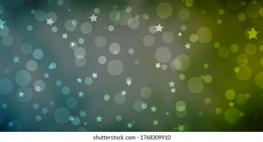 Light Blue, Green vector background with circles, stars. Colorful illustration with gradient dots, stars. Pattern for design of fabric, wallpapers.