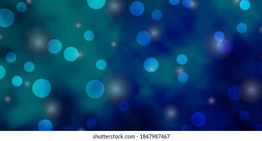 Hellblau, grüner Vektorhintergrund mit Kreisen, Sternen. Abstrakte Illustration mit bunten Flecken, Sternen. Design für Ihre Werbespots.