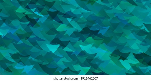 Azul claro, fondo vectorial verde con triángulos, cubos. Decoración de estilo abstracto con líneas, cubos. Patrón de folletos y folletos