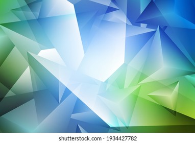 Azul claro, fondo vectorial verde con estilo poligonal. Triángulos sobre fondo abstracto con gradiente colorido. Patrón de folletos y folletos