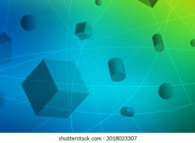 Light Blue, Green vector background with 3D cubes, cylinders, spheres, rectangles. Abstract background with gradient geometric pattern. Elegant design for wallpapers.