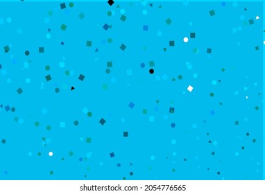 Azul claro, fondo vectorial verde con triángulos, círculos, cubos. Ilustración con un conjunto de círculos coloridos, triángulos, cuadrados. El patrón se puede usar para sitios web.