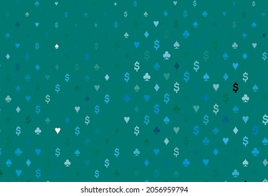 Fondo vectorial verde claro azul con carteles de tarjetas. Ilustración con un conjunto de corazones, espadas, palos, diamantes. Patrón de folletos, volantes de casas de juego.