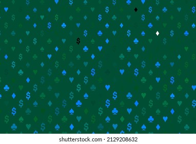 Light blue, green vector background with cards signs. Colored illustration with hearts, spades, clubs, diamonds. Template for business cards of casinos.