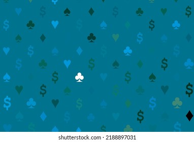 Light blue, green vector background with cards signs. Colored illustration with hearts, spades, clubs, diamonds. Pattern for leaflets of poker games, events.