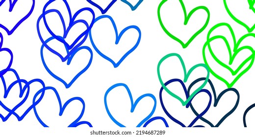 Light Blue, Green vector background with Shining hearts. Decorative shining illustration with hearts on abstract template. Pattern for marriage gifts, congratulations.
