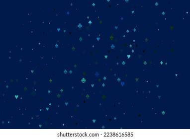 Light Blue, Green vector background with cards signs. Blurred decorative design of hearts, spades, clubs, diamonds. Pattern for ads of parties, events in Vegas.