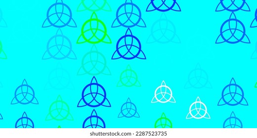 Light Blue, Green vector background with occult symbols. Colorful vintage illustration with gradient alchemy shapes. Background for esoteric, mystic designs.
