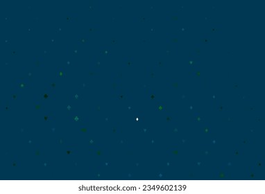 Light Blue, Green vector background with cards signs. Glitter abstract sketch with isolated symbols of playing cards. Design for ad, poster, banner of gambling websites.