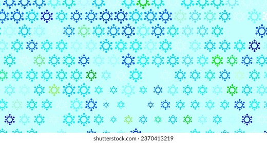 Light blue, green vector background with covid-19 symbols. Smart illustration with covid signs in decorative style. Simple drawing against danger fever.