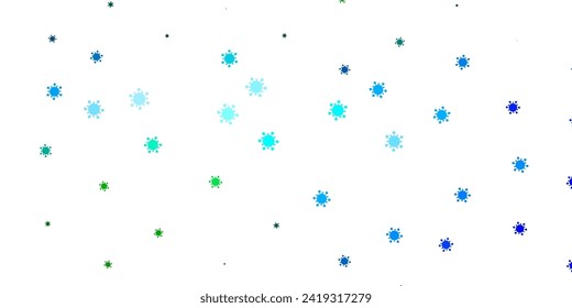 Light blue, green vector background with covid-19 symbols. Abstract illustration with biological gradient shapes. Design for biohazard warning.