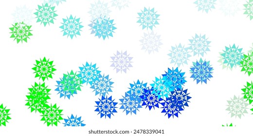 Light blue, green vector beautiful snowflakes backdrop with flowers. Abstract gradient colorful snowflakes and snow elements. Xmas design for business.