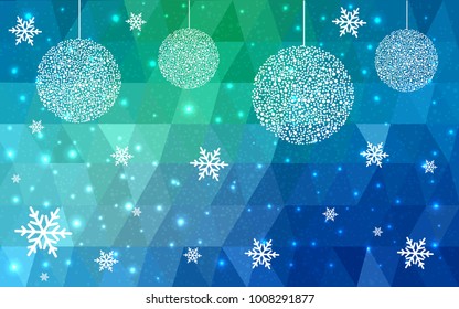 Light Blue Green vector christmas postcard low polygon background. Illustration consisting of triangles. Abstract triangular polygonal origami or crystal design of New Year celebration.