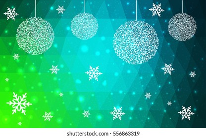 Light BLUE, green vector christmas polygon background. Low poly Illustration consisting of triangles with snowflakes. Texture, seamless background of New Year celebration.