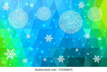 Light BLUE, green vector christmas polygon background. Low poly Illustration consisting of triangles with snowflakes. Texture, seamless background of New Year celebration.