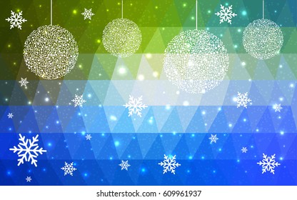 Light Blue, green vector christmas polygon background. Low poly Illustration consisting of triangles with snowflakes. Texture background of New Year celebration.