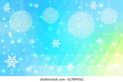 Light blue, green vector christmas polygon background. Low poly Illustration consisting of triangles with snowflakes. Texture background of New Year celebration.