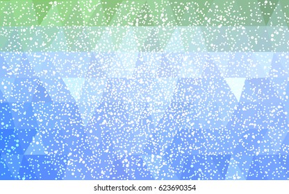 Light Blue, Green vector christmas polygon background. Low poly Illustration consisting of triangles with snowflakes. Texture background of New Year celebration.